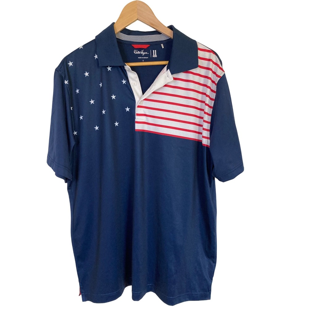 Walter Hagen 11 Majors Mens Golf Polo Shirt Navy Stars Stripes American Flag L